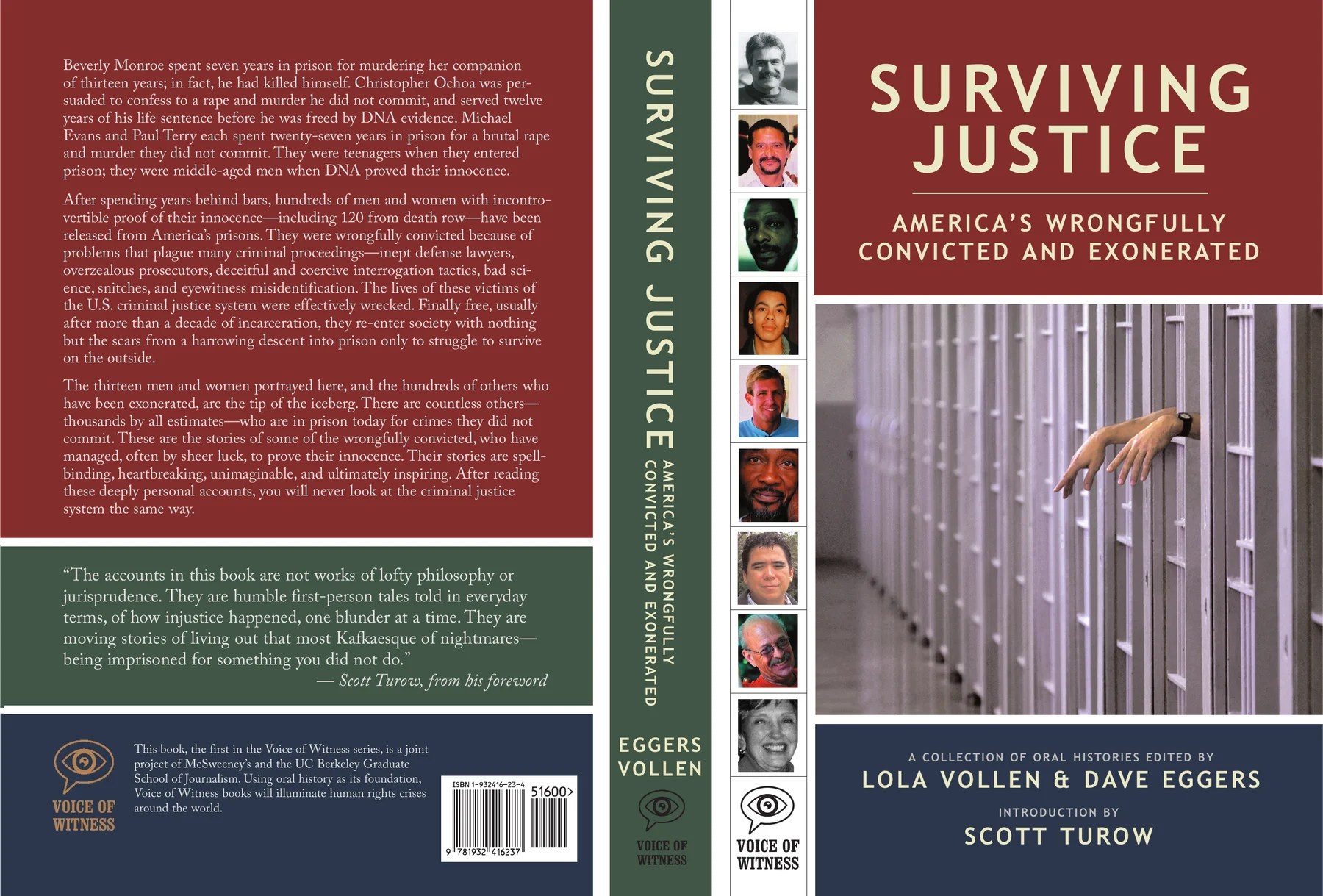 The printer’s proof of the Surviving Justice cover, showing the back cover, spine and front cover. The back cover carries a quote from Scott Turow’s foreword.